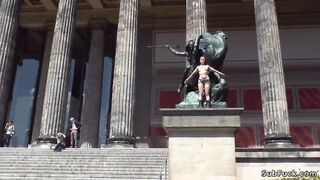 Hot ass petite European slut Juliette March suffers rope bondage and d. in public outdoor then in a crowded bar hairy pussy banged