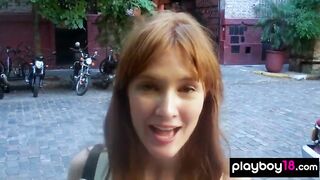 Hot redhead babe with perfect tits introducing her hairy pussy