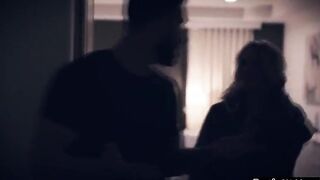 Homeless teen followed a guy home.He offers her a hot shower but then she has to go before his wife comes home.She seduces him to cheat on his wife and takes his cock out to give him a blowjob.He fucks her hairy pussy until he cums