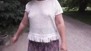 Chubby mature woman show hairy pussy in the park