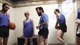 Basketball coach Tommy Pistol strips hairy pussy journalist Mercy West and with his team double penetration fucks and gangbang pounds her