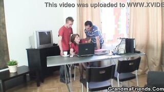 Busty mature fucked in the office threesome